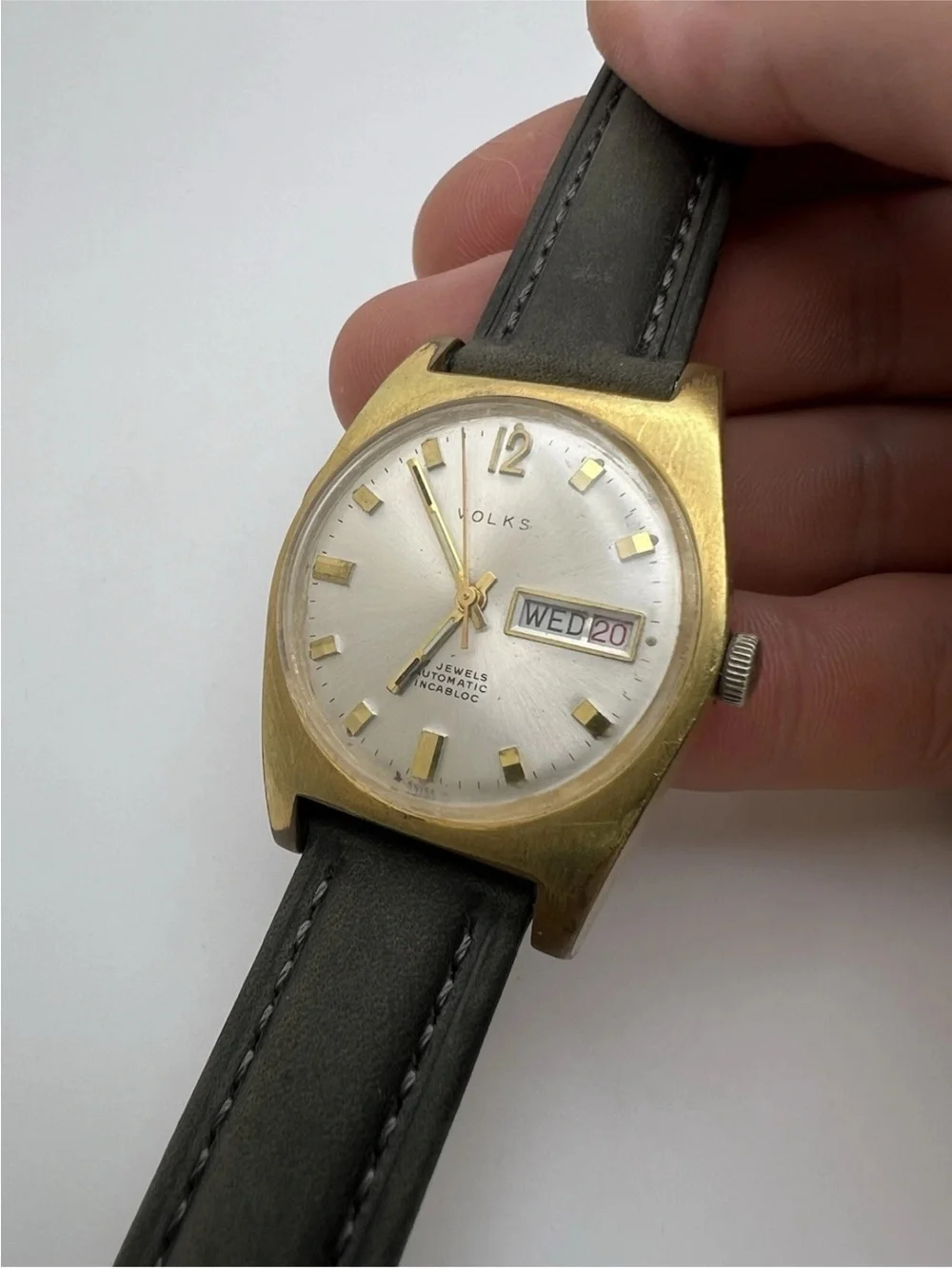 Volks Vintage Gold-Tone Automatic Watch - Silver Dial, Brown Leather